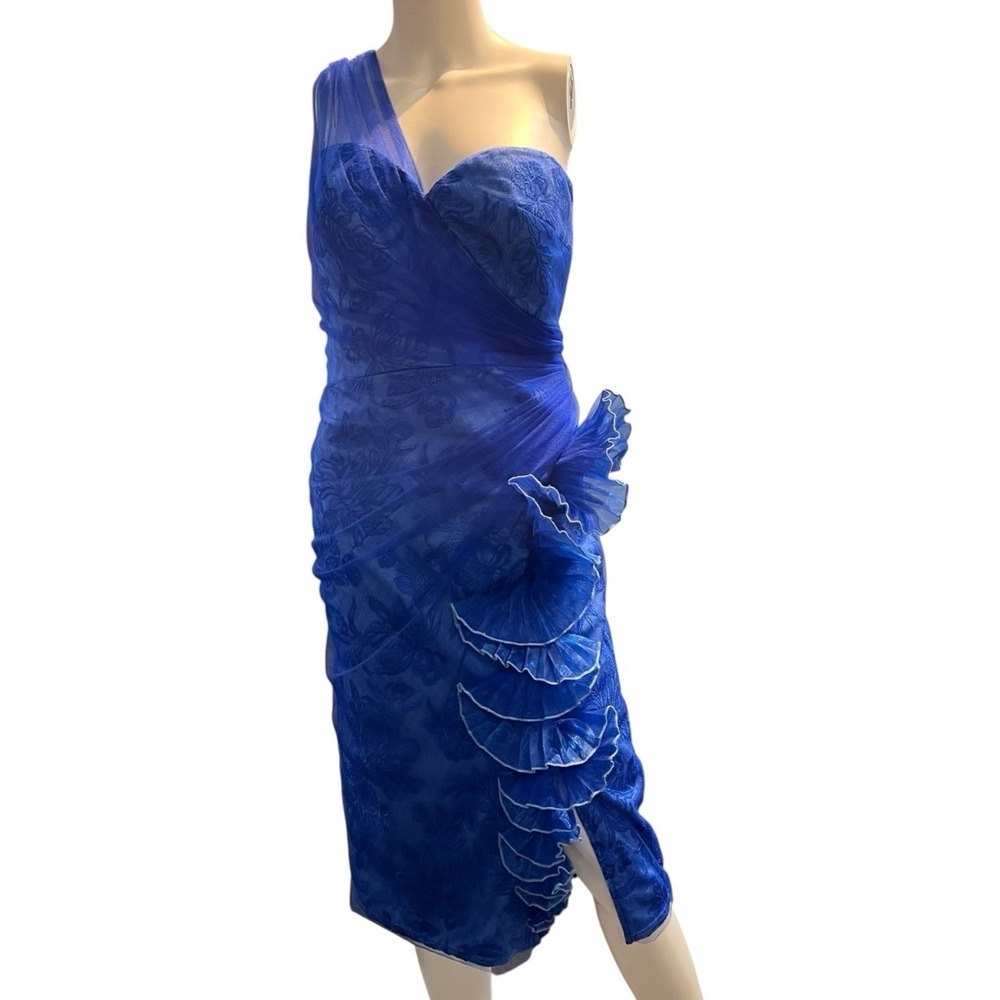 Tadashi Shoji Ivie Embroidered Waterfall Ruffle Dress Blue One Shoulder Tule 6